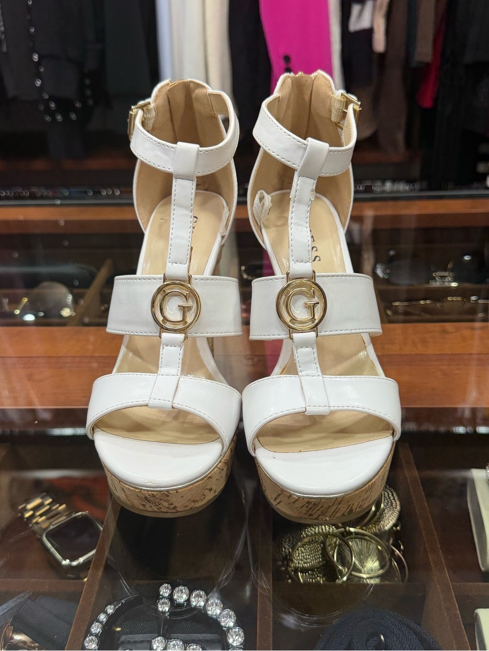 GUESS White T-Strap Platform Sandals with Gold Logo